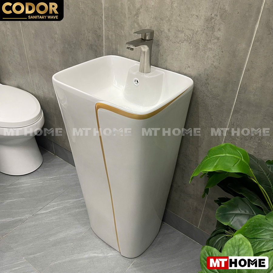lavabo trụ đứng trắng viền vàng
