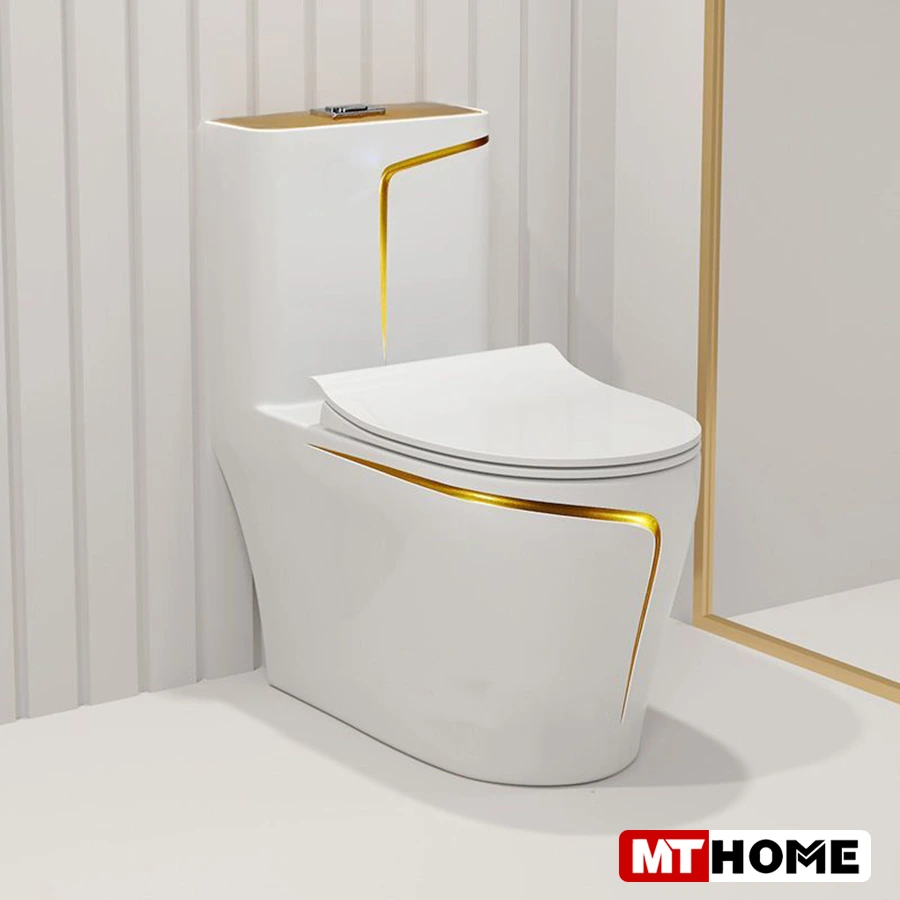 bồn cầu 1 khối trắng viền vàng