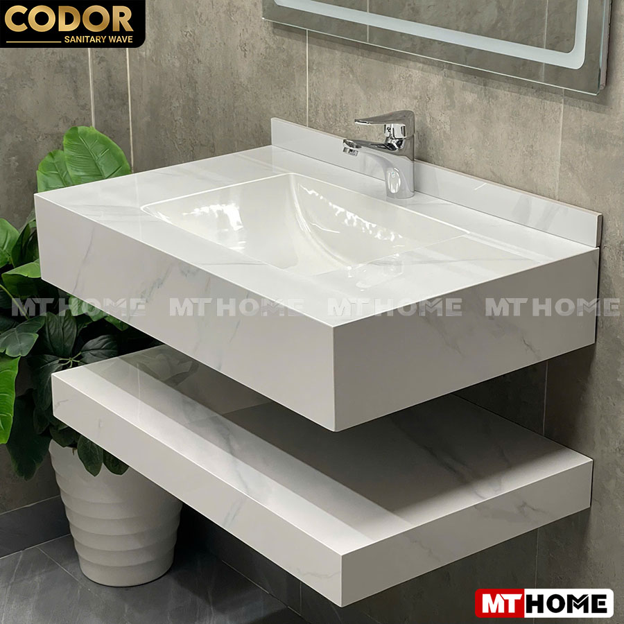 Bàn Đá Lavabo 2 Tầng Trắng Bóng Tràn Viền Vuông