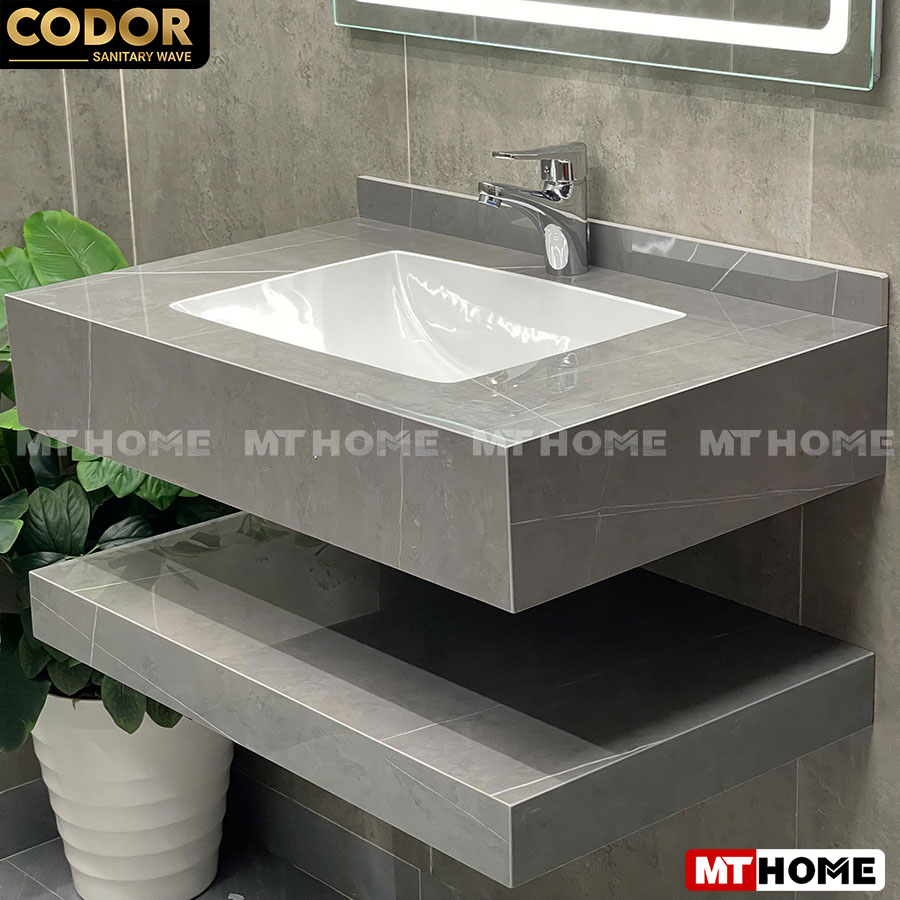 Bàn Đá Lavabo 2 Tầng Xám Bóng Tràn Viền Vuông