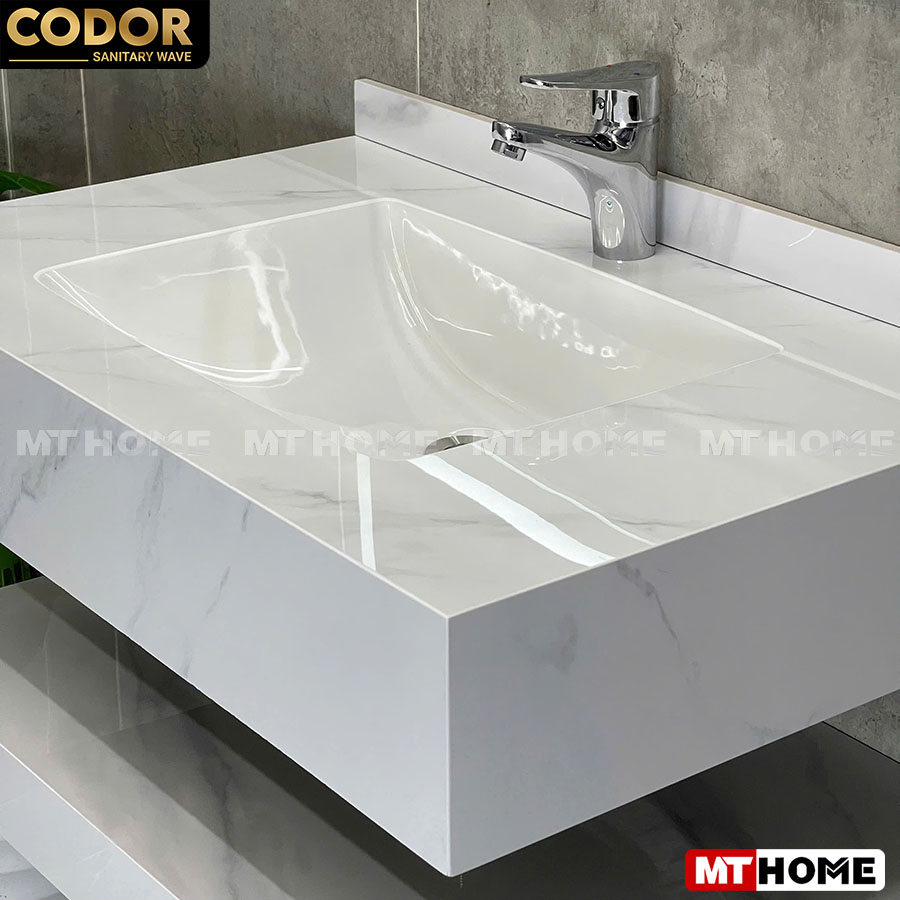 Bàn Đá Lavabo 2 Tầng Trắng Bóng Tràn Viền Vuông