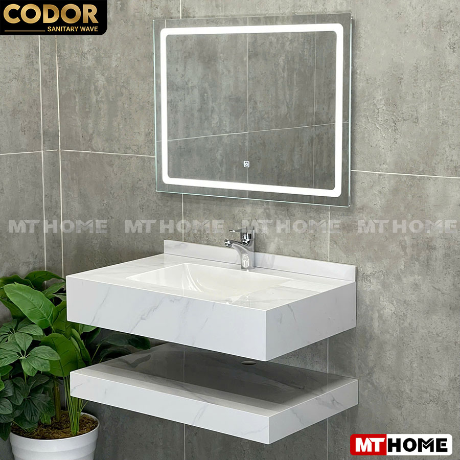 Bàn Đá Lavabo 2 Tầng Trắng Bóng Tràn Viền Vuông