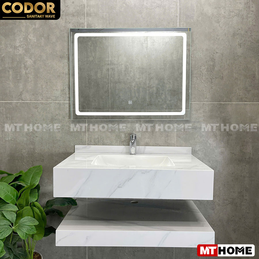 Bàn Đá Lavabo 2 Tầng Trắng Bóng Tràn Viền Vuông