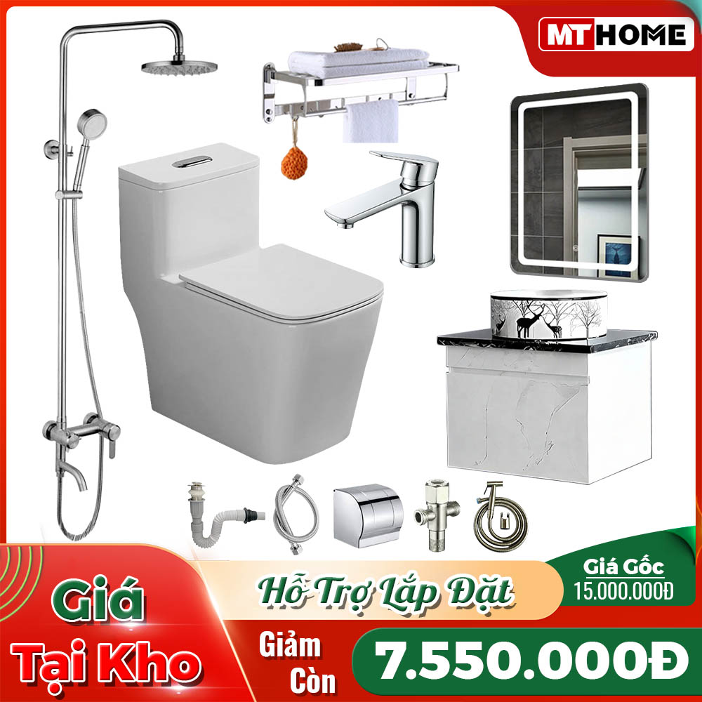 Combo Trọn Bộ Nhà Tắm Bao Gồm: Bồn cầu 1 khối Sen cây tắm nóng lạnh Tủ lavabo nhà tắm Vòi lavabo nóng lạnh Máng khắn Hộp giấy vệ sinh Dây cấp nước Bộ xả lavabo Vòi xịt vệ sinh Van T