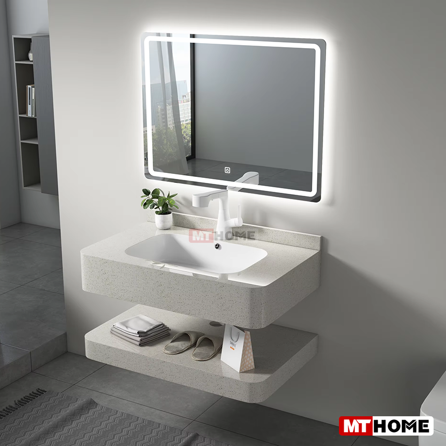 Bàn Đá Lavabo 2 Tầng Xám Bóng Tràn Viền Bo Góc 60cm