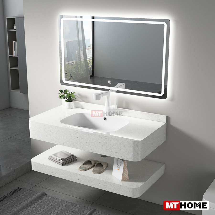 Bàn Đá Lavabo 2 Tầng Trắng Bóng Tràn Viền Bo Góc