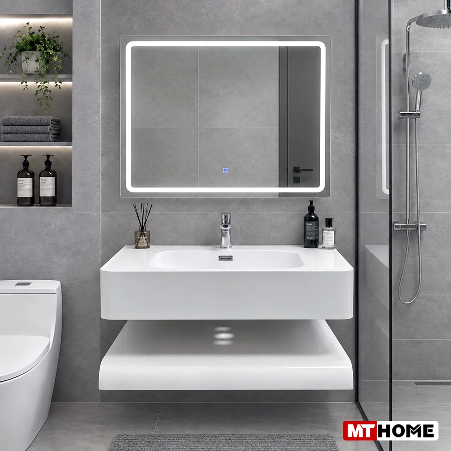 Bàn Đá Ép Nhiệt Lavabo 2 Tầng Tràn Viền 80cm Trắng